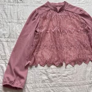 Dusty rose sheer lace blouse open front high neck bishop collar sz L victorian